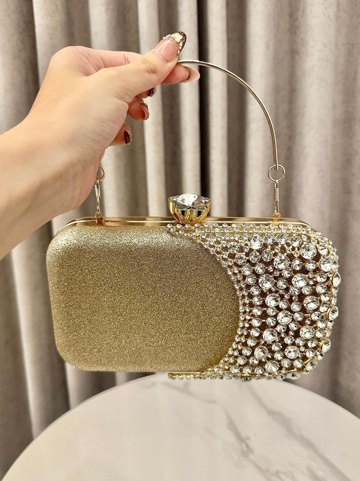 Pochette de soirée géométrique brillante à coupe irrégulière, à chaîne, à cadenas, à strass