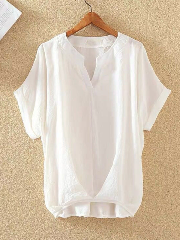 T-shirt ample plissé grande taille, à col en V, couleur unie