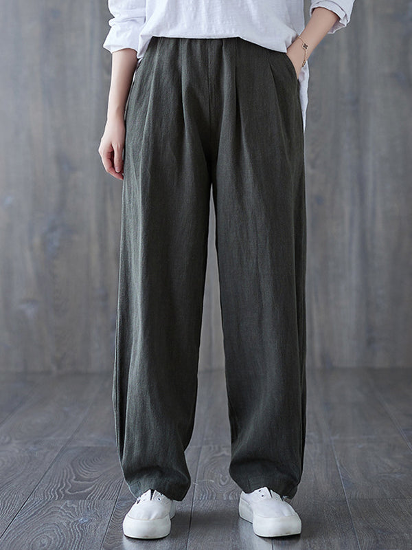 Pantalon simple ample décontracté à jambes larges, à taille élastique, couleur unie
