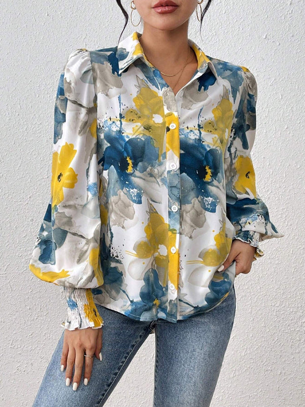 Chemisier ample boutonné plissé à manches longues, à taille élastique, à imprimé floral, à col revers