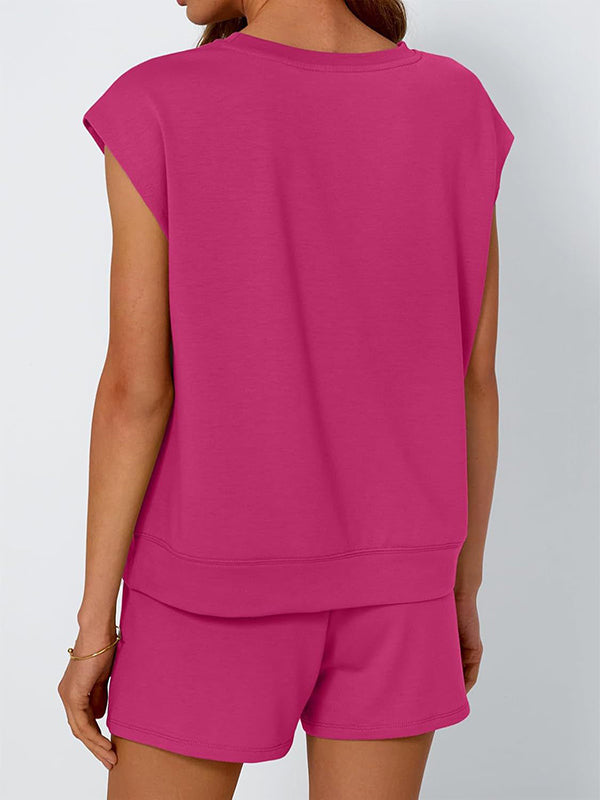 Ensemble deux pièces ample à manches raglan, à empiècements, à col rond, à cordon de serrage, à taille élastique, couleur unie – t-shirt + short