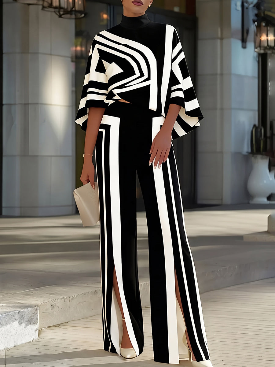 Pantalon rayé fendu devant à jambes larges, taille haute, couleur contrastée