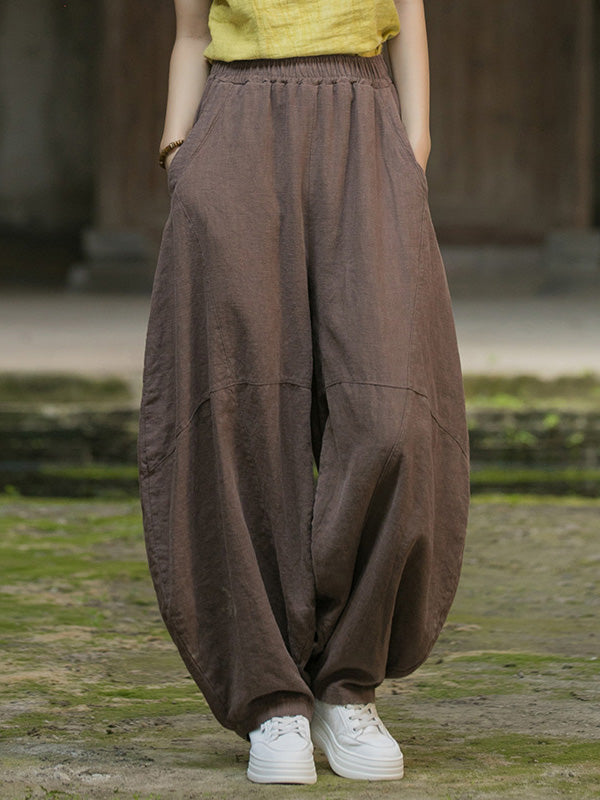 Pantalon ample à taille élastique, à poches, à empiècements, couleur unie