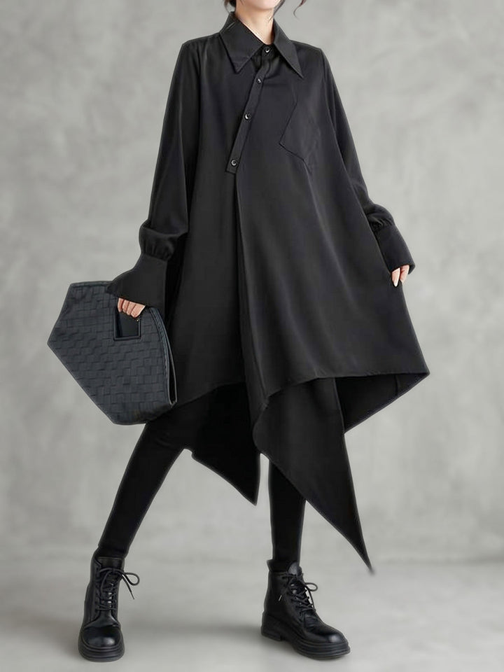 Robe chemise boutonnée à coupe irrégulière, à manches longues, à poches, à empiècements, à col revers, couleur unie