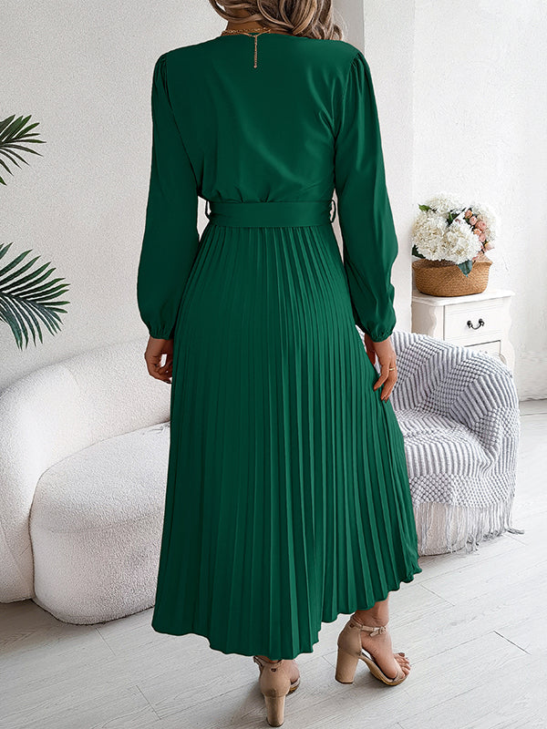 Robe longue boutonnée plissée taille haute, à manches longues, avec ceinture, à col en V, couleur unie