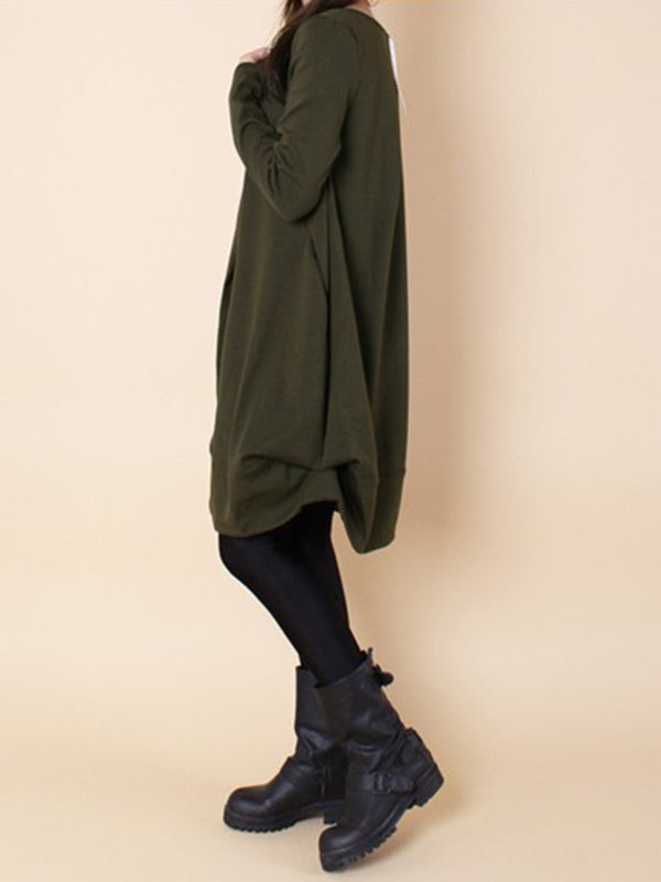 Robe longue plissée coupe trapèze, à manches longues, à col rond, couleur unie