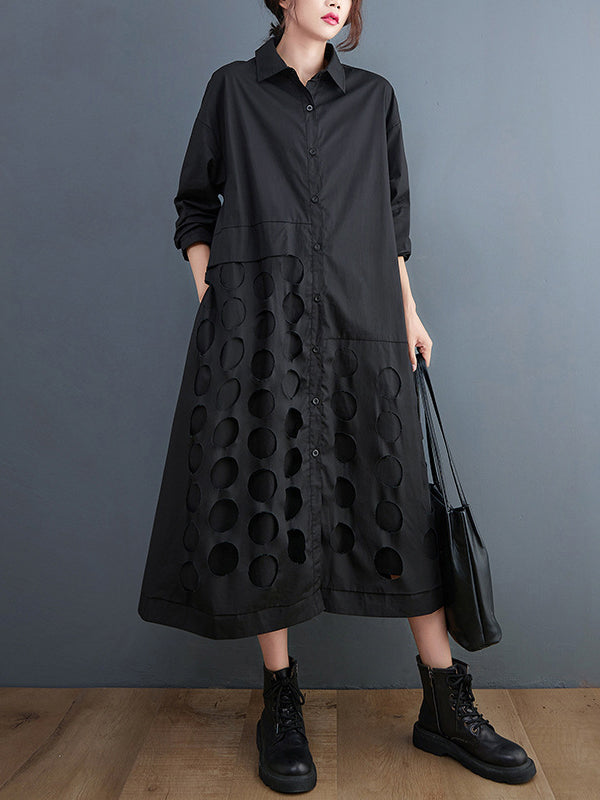 Robe mi-longue asymétrique ajourée coupe trapèze, à manches longues, à pois, à col revers, couleur unie