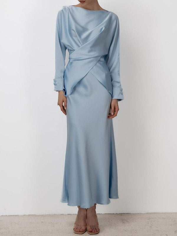 Ensemble deux pièces ample à empiècements, à col bateau, à manches longues, couleur unie – chemisier + chemise + jupe