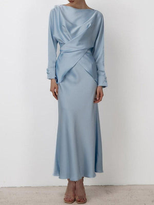 Ensemble deux pièces ample à empiècements, à col bateau, à manches longues, couleur unie – chemisier + chemise + jupe