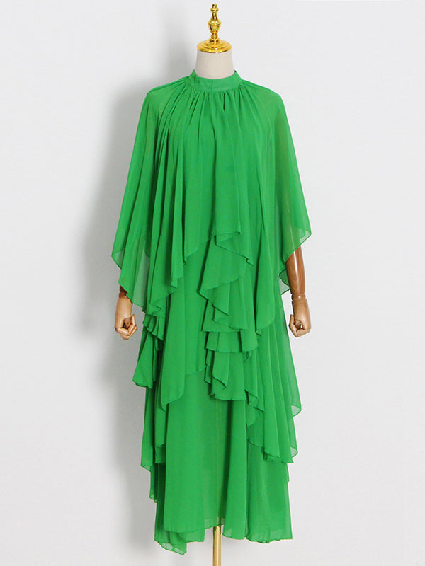 Robe longue ample à manches raglan, à volants étagés, à col montant, couleur unie