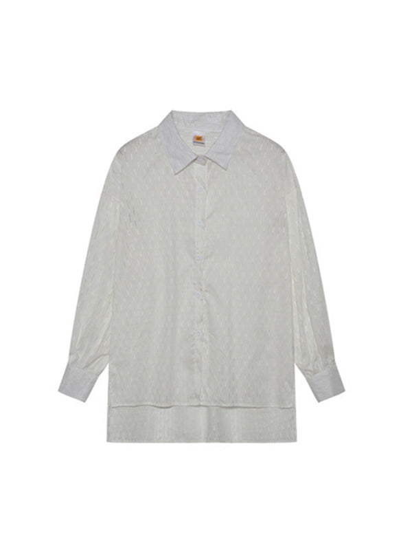Ensemble deux pièces boutonné à ourlet plongeant, à manches longues, en jacquard, à col revers, couleur unie – chemise + haut + short