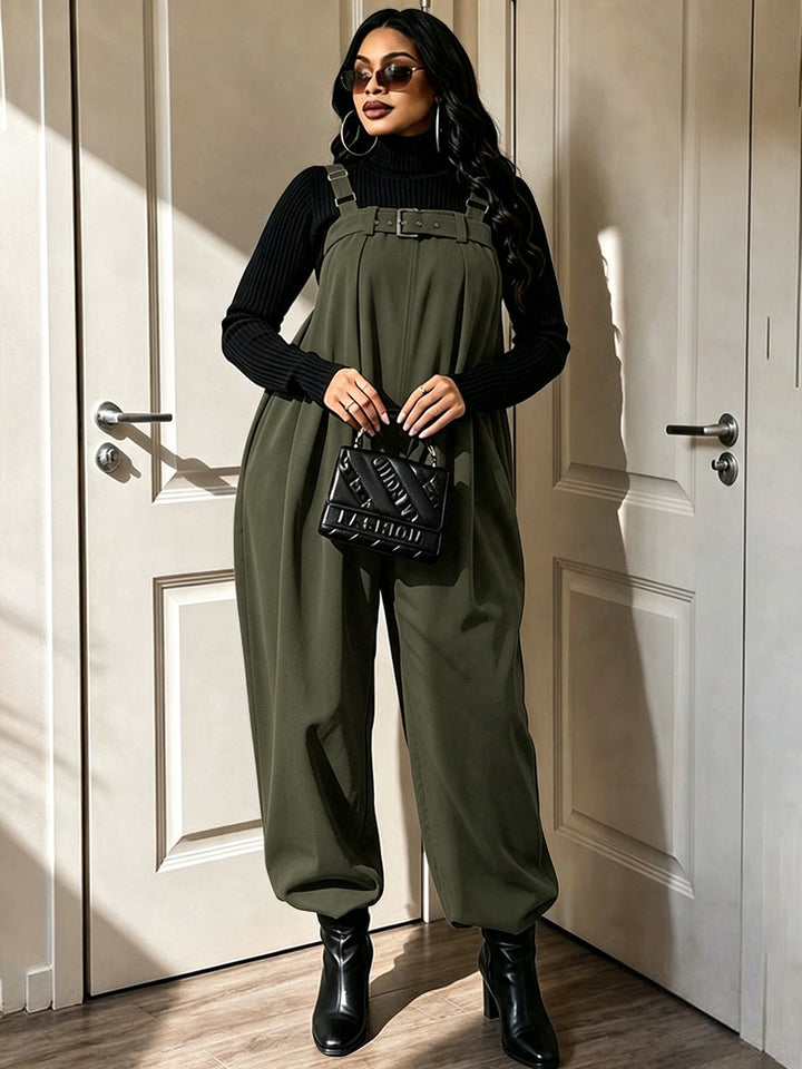 Salopette avec ceinture, à jambes larges, sans manches, à fines bretelles, couleur unie