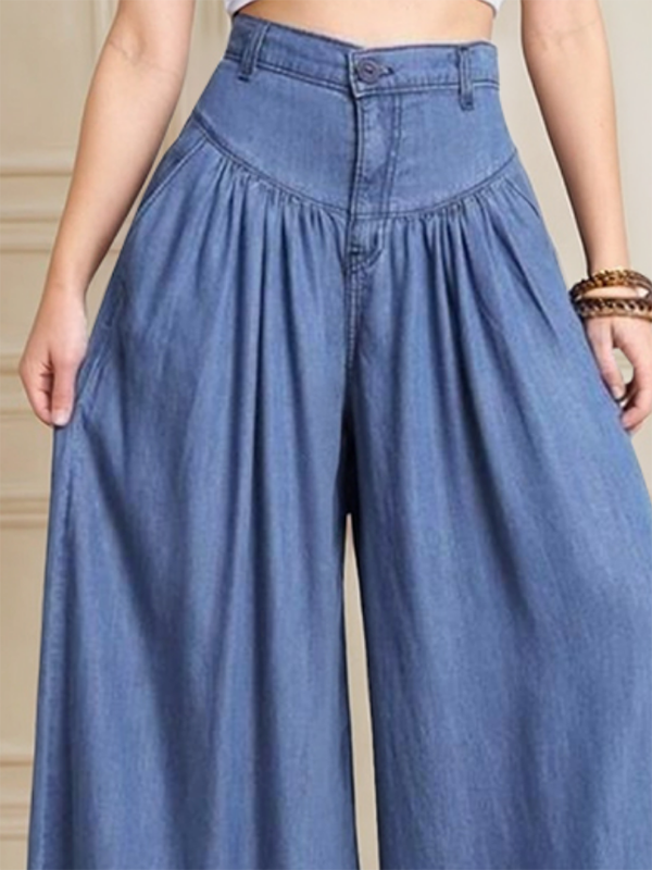 Pantalon ample boutonné à jambes larges, à fermeture éclair, couleur unie