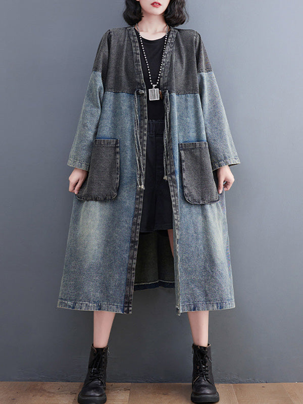Artistique Rétro Denim Manches Longues Lâche Attaché à empiècements Trench Manteaux