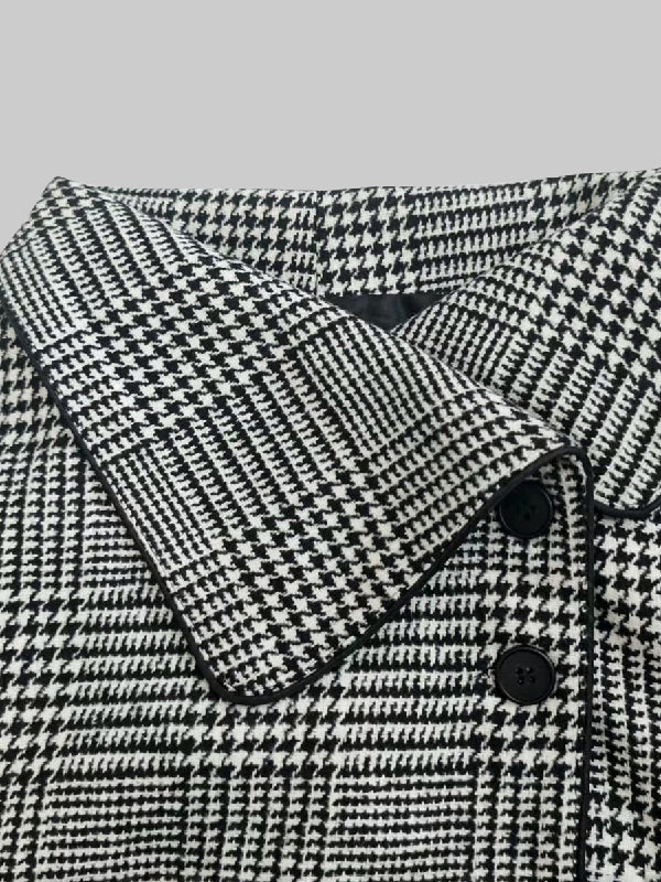 Veste ample asymétrique à manches longues, à motif pied-de-poule, à carreaux, à col montant