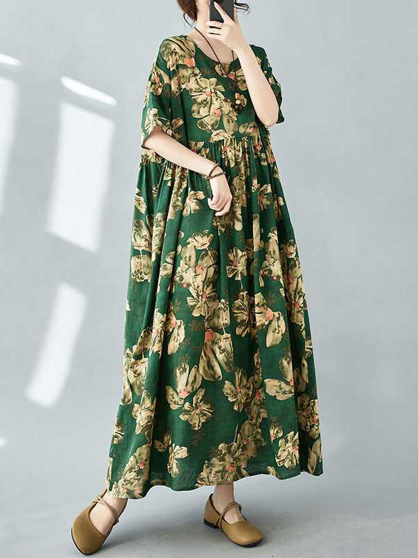 Robe mi-longue ample plissée à manches mi-longues, à imprimé floral, à poches, à col rond