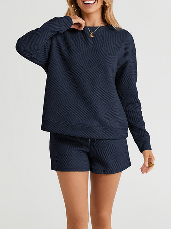 Ensemble deux pièces ample à manches longues, à col rond, à cordon de serrage, couleur unie – sweat-shirt + short
