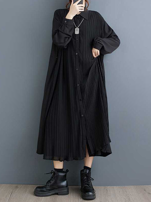 Robe chemise boutonnée plissée coupe trapèze, à manches longues, à poches, à empiècements, à col revers