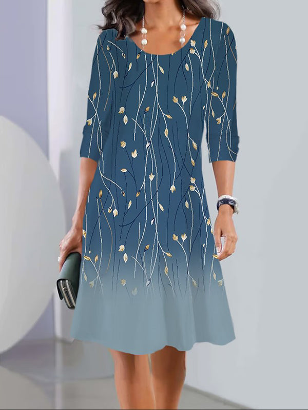 Robe mi-longue multicolore imprimée à manches longues, à imprimé floral, à col rond