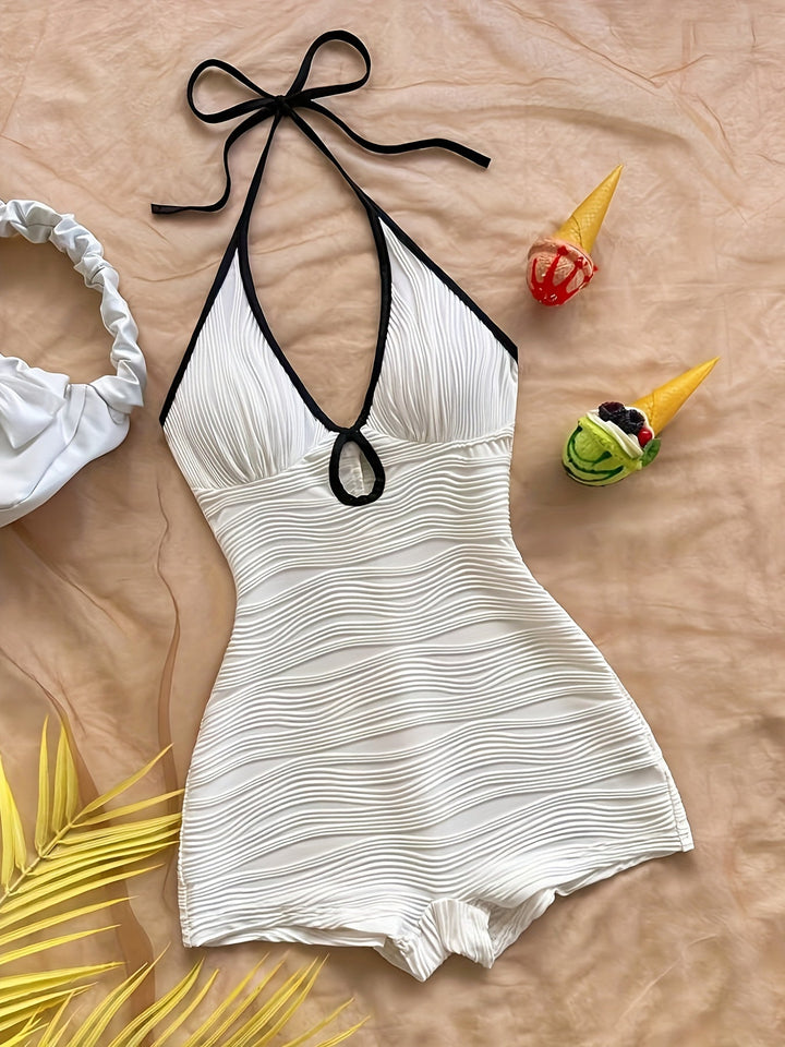 Maillot de bain femme avec décolleté halter et motif ondulé – Style vintage élégant pour la plage et la piscine