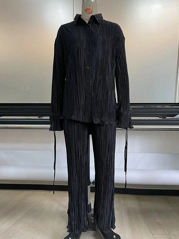 Ensemble pyjama à manches longues, manches évasées, boutonné, cordon de serrage plissé, couleur unie, chemises à revers fendues sur le côté, haut + pantalon, bas
