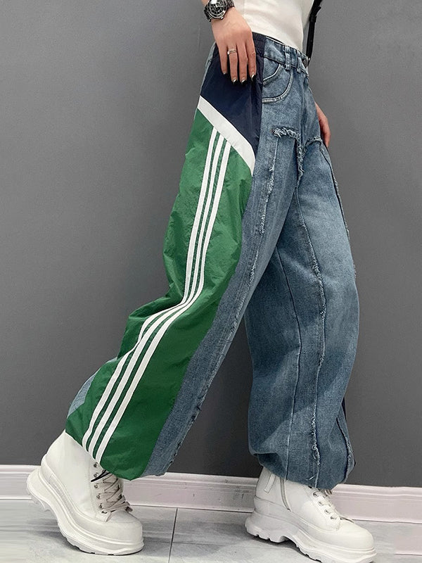 Jean ample à jambes larges, à cordon de serrage, à taille élastique, à franges, à empiècements, couleur contrastée