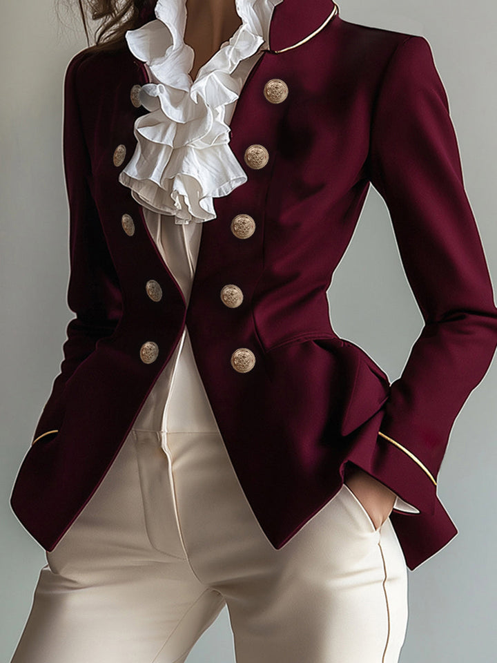 Blazer boutonné à manches longues, coupe près du corps, à empiècements, à col montant, couleur unie