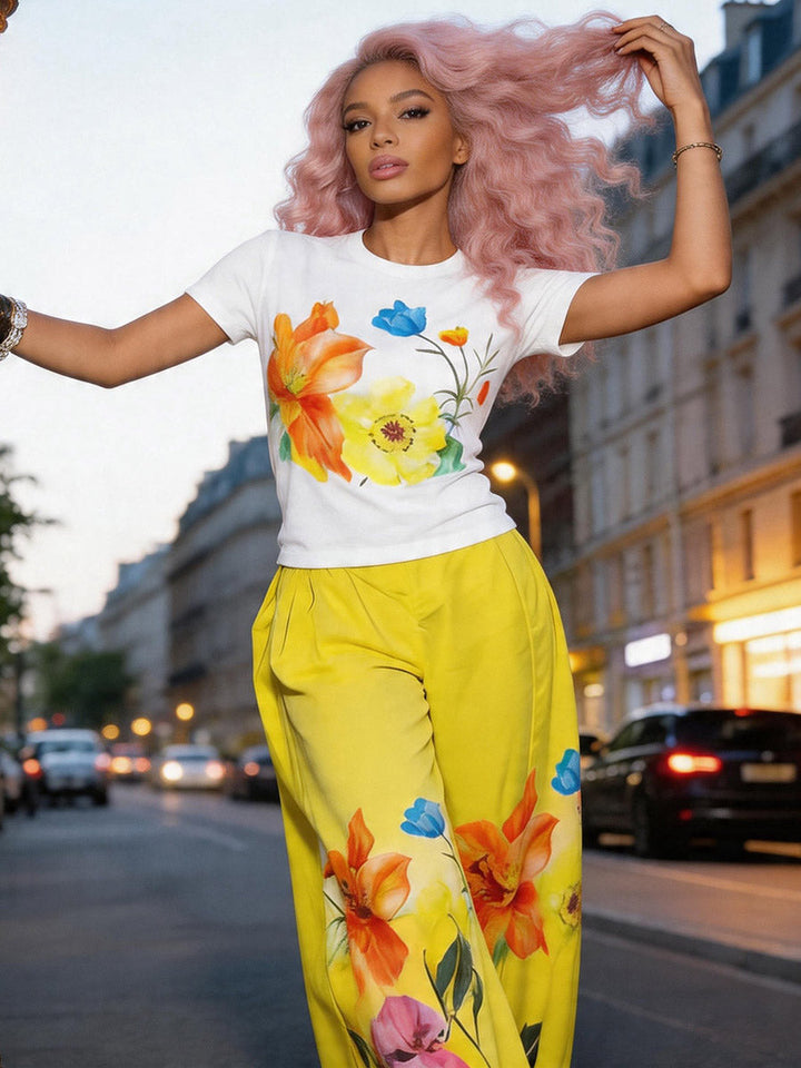 Pantalon ample taille haute, à imprimé floral, à poches, couleur unie