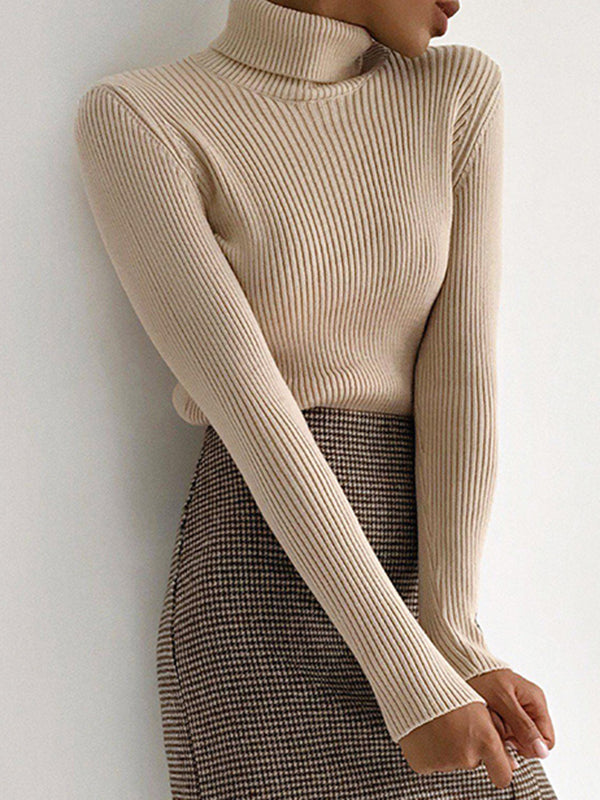 Pull à manches longues, coupe près du corps, à col haut, couleur unie