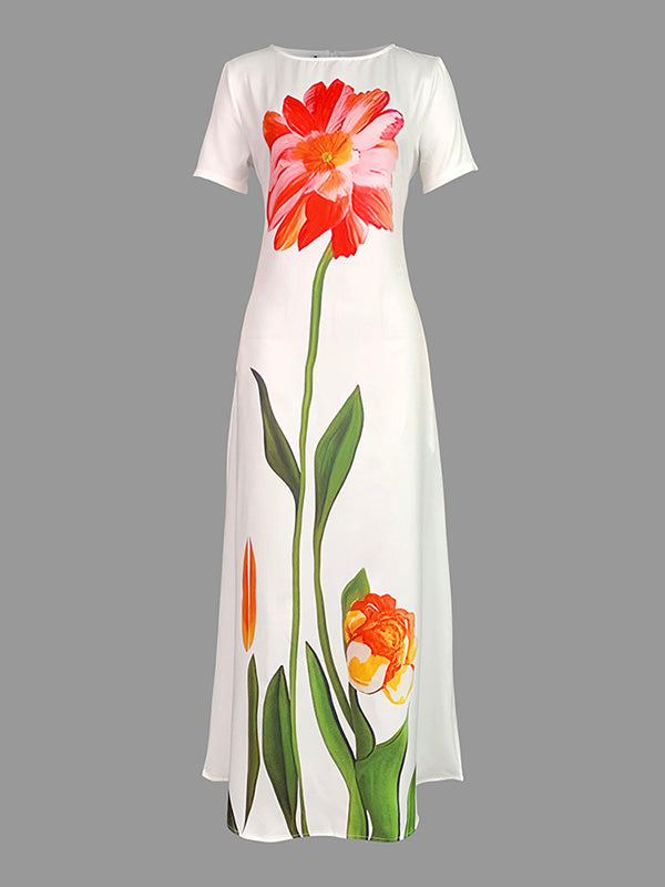 Robe longue à manches courtes, à imprimé floral, à col bateau
