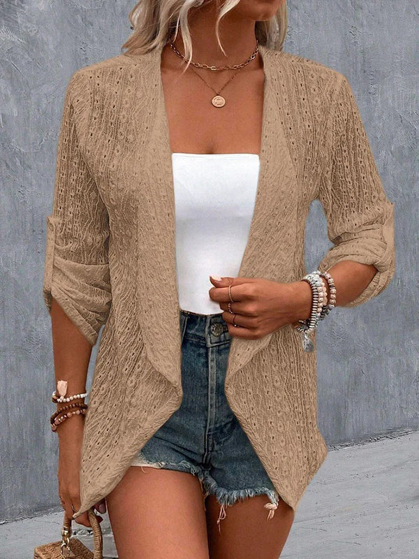 Veste ample boutonnée ajourée à manches longues, en jacquard, sans col, couleur unie