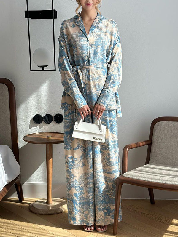 Ensemble deux pièces boutonné imprimé à manches longues, à taille nouée, à col cranté, taille haute – chemise + haut + pantalon