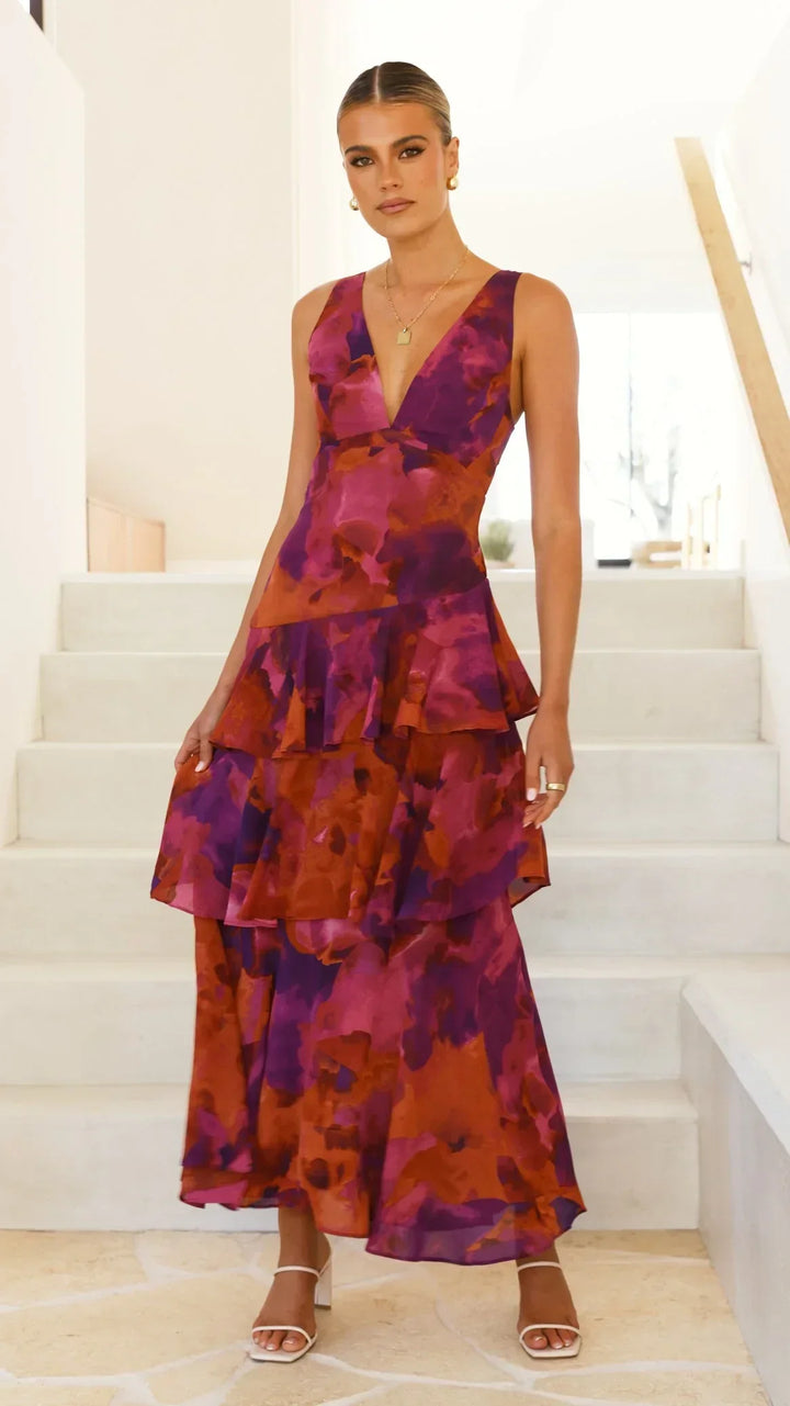 Mylia | Robe maxi avec volants et col noué