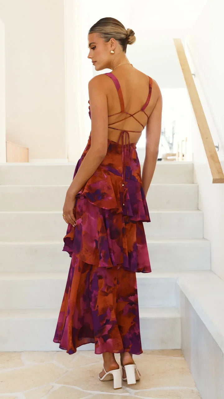 Mylia | Robe maxi avec volants et col noué