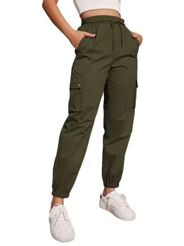 Pantalon taille haute, à taille élastique, à poches, à empiècements, à taille nouée, couleur unie