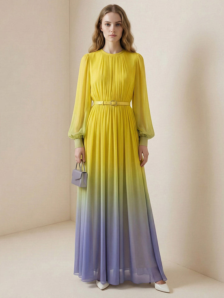 Robe longue plissée taille haute, à manches longues, avec ceinture, en dégradé, à empiècements, à col rond, couleur contrastée