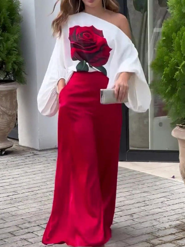 Chemisier ample asymétrique à manches longues, à taille élastique, à imprimé floral, asymétrique à une épaule