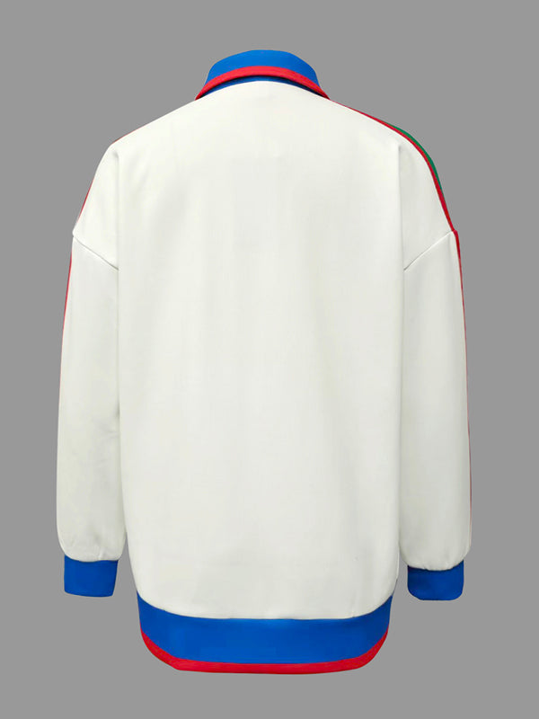 Veste ample rayée à manches longues, à fermeture éclair, à col revers, couleur contrastée
