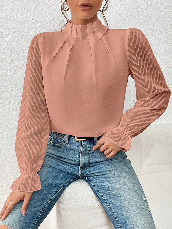 Chemisier ample plissé à manches longues, à taille élastique, en résille, à col cheminée, couleur unie