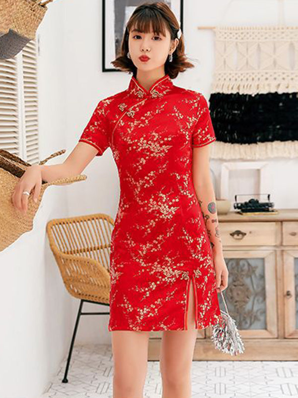 Cheongsam court à col montant imprimé fleurs de prunier