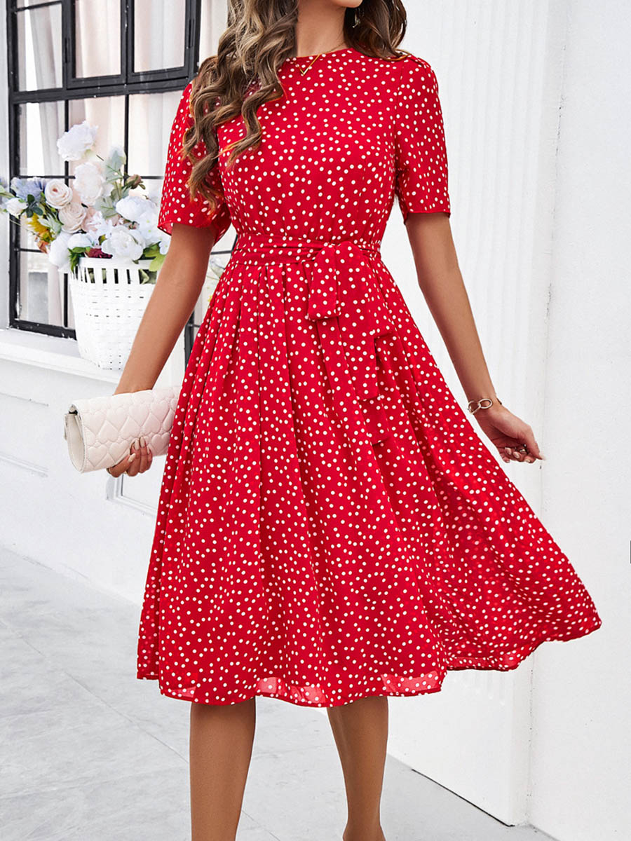 Robe mi-longue coupe trapèze, à taille élastique, à pois, à empiècements, à taille nouée, à col rond, couleur contrastée