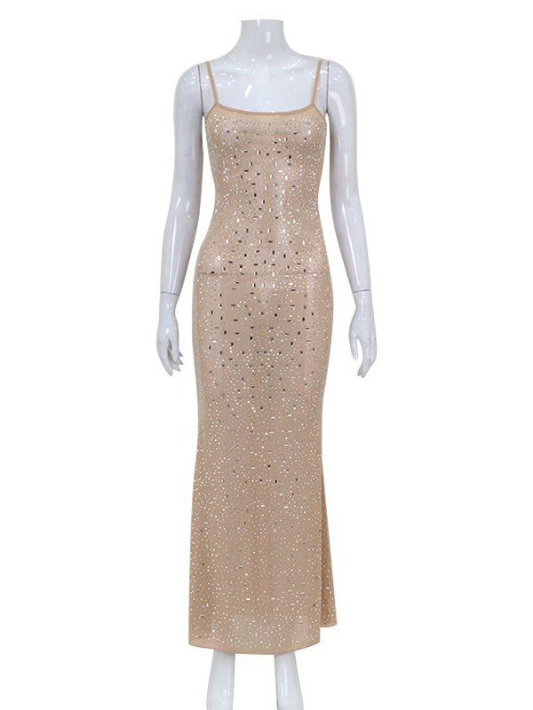 Robe longue moulante transparente coupe près du corps, à sequins, à empiècements, à fines bretelles