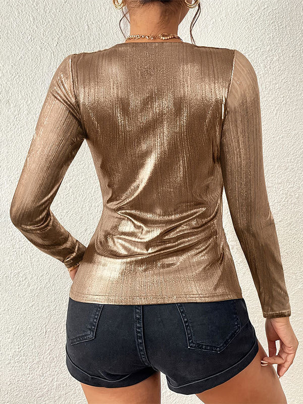T-shirt plissé brillant à manches longues, coupe près du corps, à empiècements, à col en V, couleur unie