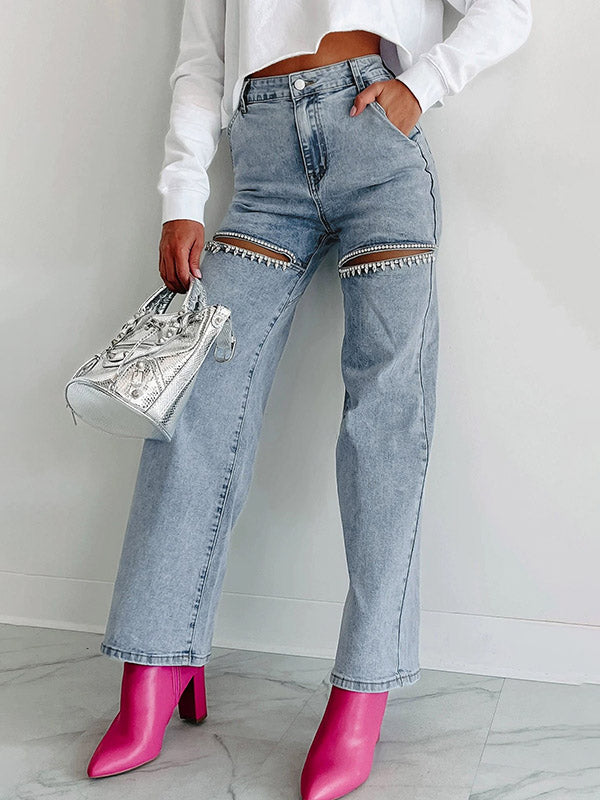 Jean déchiré taille haute, à jambes droites, à empiècements