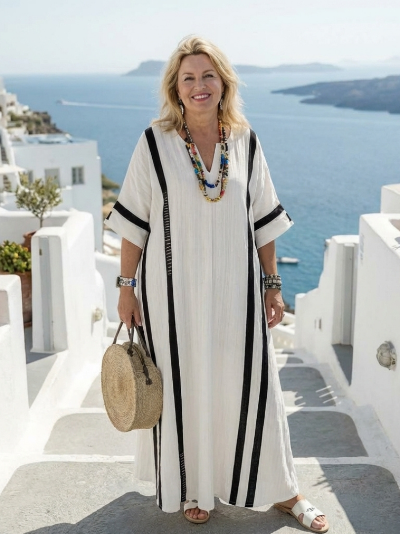 Elvienne | Robe Maxi Femme Colorblock à Manches Courtes Élégante