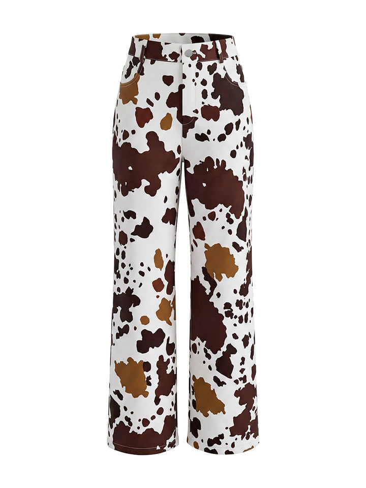 Pantalon à empiècements imprimé vache, taille haute, couleur contrastée, taille élastiquée