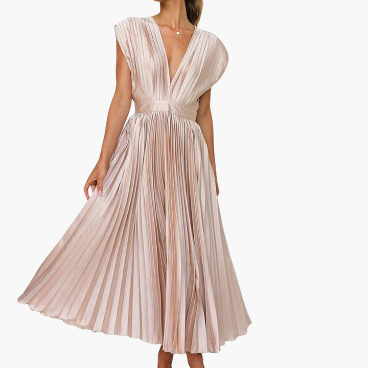 Robe de soirée midi à décolleté en V pour femmes - Élégante apparence plissée