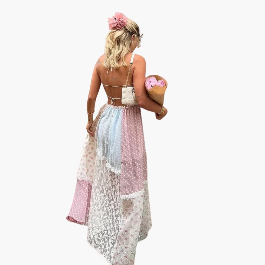 Robe Maxikleid Patchwork - Robe d'été pour femmes avec bretelles spaghetti