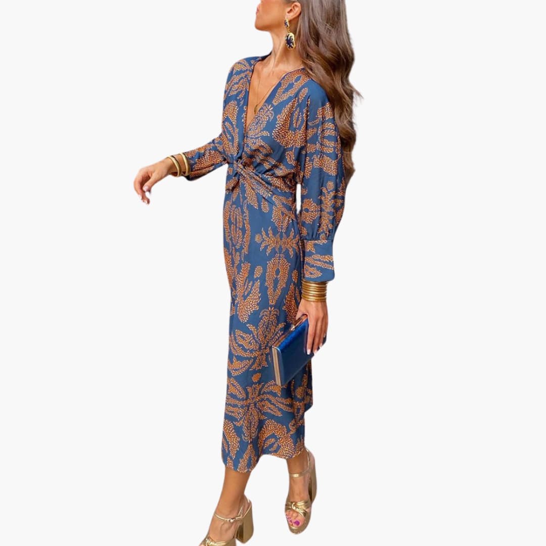 Robe midi pour femmes - Motif floral, manches longues & décolleté en V