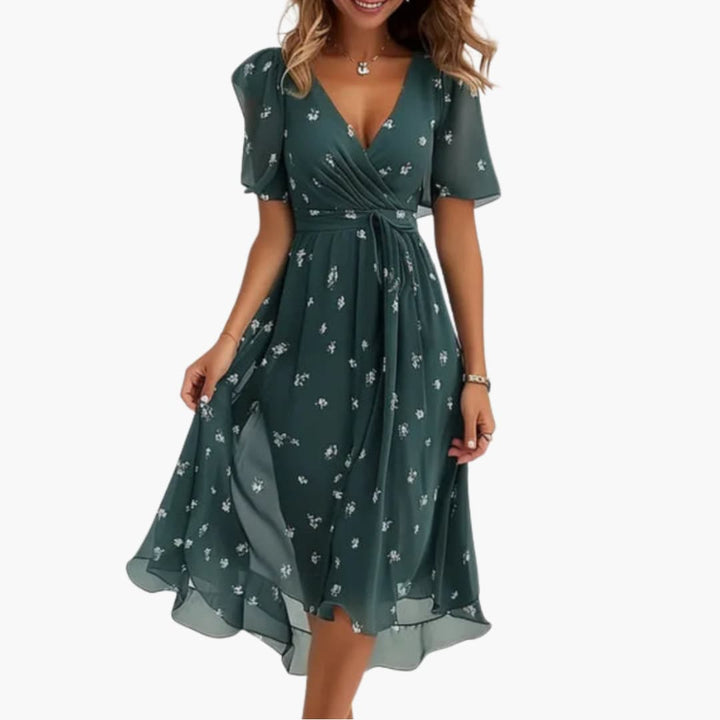 Robe midi pour femmes - Élégante, motif floral & décolleté en V